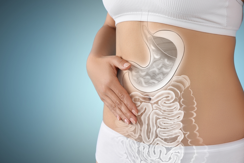 Woman,With,Healthy,Digestive,System,On,Light,Blue,Background,,Closeup.